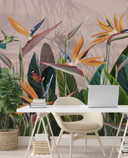 pink and green tropical wallpaper mural called Tropical Forest Flowers and Birds Pink at Wallsauce for bedrooms and living rooms