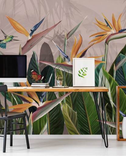 papier peint mural tropical rose et vert appelé Tropical Forest Flowers and Birds Pink at Wallsauce pour les chambres et les salons