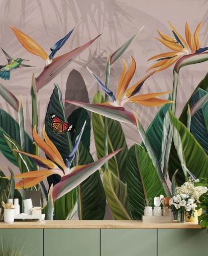 pink and green tropical wallpaper mural called Tropical Forest Flowers and Birds Pink at Wallsauce for bedrooms and living rooms