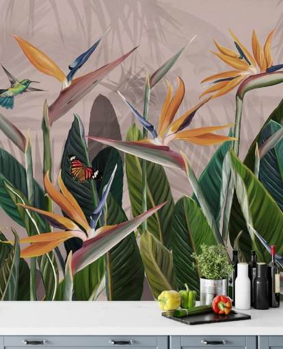 roze en groene tropische behangmuurschildering genaamd Tropical Forest Flowers and Birds Pink at Wallsauce voor slaapkamers en woonkamers roze en groene tropische behangmuurschildering genaamd Tropical Forest Flowers and Birds Pink at Wallsauce voor slaapkamers en woonkamers