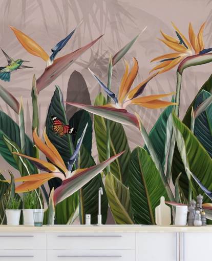 pink and green tropical wallpaper mural called Tropical Forest Flowers and Birds Pink at Wallsauce for bedrooms and living rooms