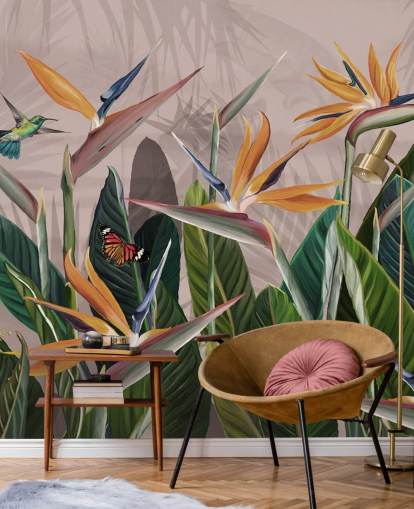 mural de papel de parede tropical rosa e verde chamado Tropical Forest Flowers and Birds Pink at Wallsauce para quartos e salas de estar