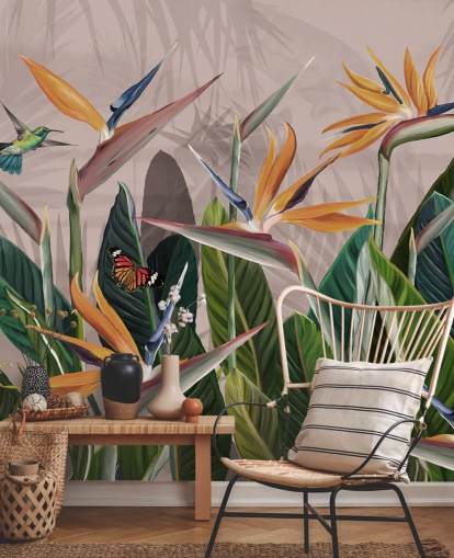 roze en groene tropische behangmuurschildering genaamd Tropical Forest Flowers and Birds Pink at Wallsauce voor slaapkamers en woonkamers