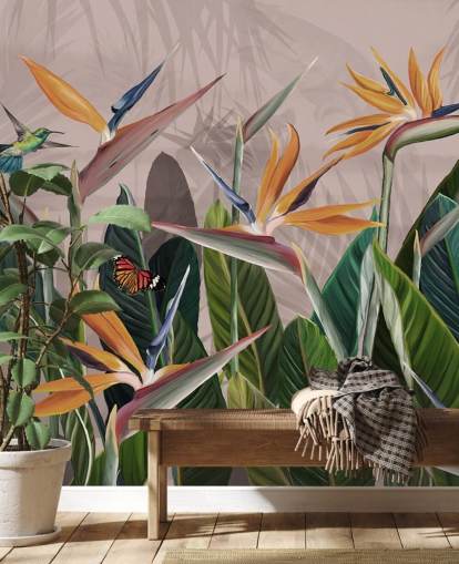 pink and green tropical wallpaper mural called Tropical Forest Flowers and Birds Pink at Wallsauce for bedrooms and living rooms