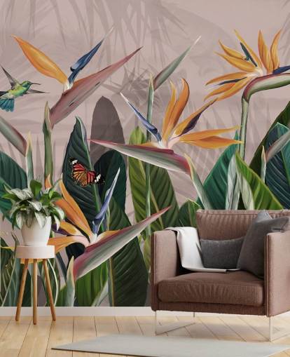 pink and green tropical wallpaper mural called Tropical Forest Flowers and Birds Pink at Wallsauce for bedrooms and living rooms pink and green tropical wallpaper mural called Tropical Forest Flowers and Birds Pink at Wallsauce for bedrooms and living rooms