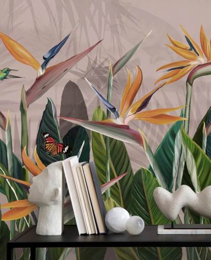 mural de papel pintado tropical rosa y verde llamado Tropical Forest Flowers and Birds Pink at Wallsauce para dormitorios y salas de estar
