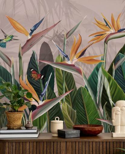 rosa og grønt tropisk tapetmaleri kalt Tropical Forest Flowers and Birds Pink på Wallsauce for soverom og stuer rosa og grønt tropisk tapetmaleri kalt Tropical Forest Flowers and Birds Pink på Wallsauce for soverom og stuer