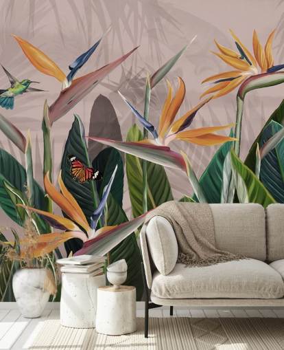 carta da parati tropicale rosa e verde chiamata Tropical Forest Flowers and Birds Pink at Wallsauce per camere da letto e salotti