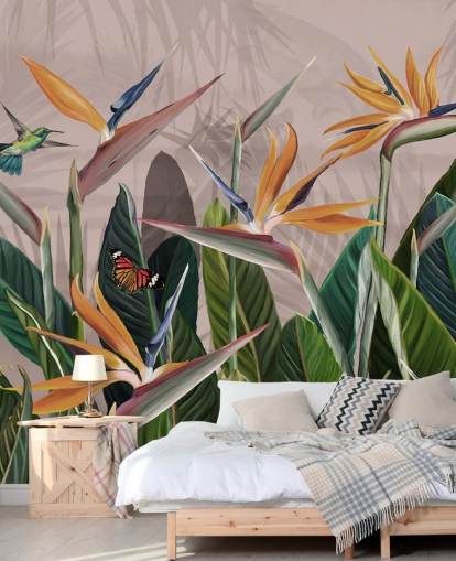 rosa och grön tropisk tapet väggmålning kallad Tropical Forest Flowers and Birds Pink på Wallsauce för sovrum och vardagsrum rosa och grön tropisk tapet väggmålning kallad Tropical Forest Flowers and Birds Pink på Wallsauce för sovrum och vardagsrum