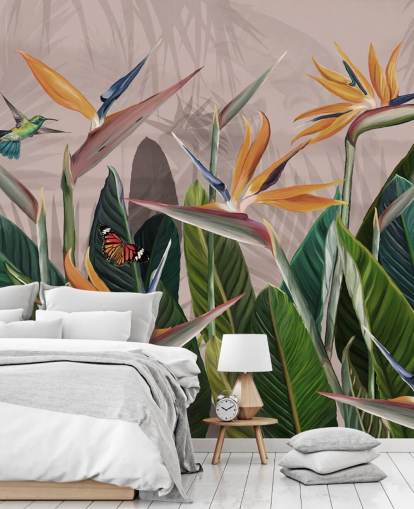 mural de papel pintado tropical rosa y verde llamado Tropical Forest Flowers and Birds Pink at Wallsauce para dormitorios y salas de estar
