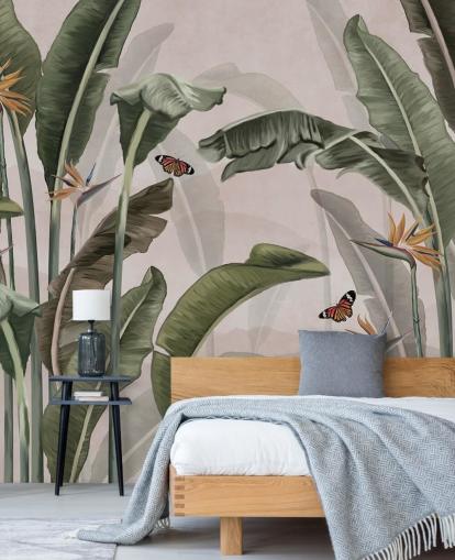 papier peint mural de la jungle rose appelé Palm Trees and Butterflies Pink at Wallsauce pour chambres et salons