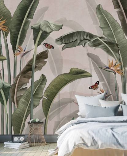 pink jungle tapetmaleri kaldet Palm Trees and Butterflies Pink på Wallsauce til soveværelser og stuer