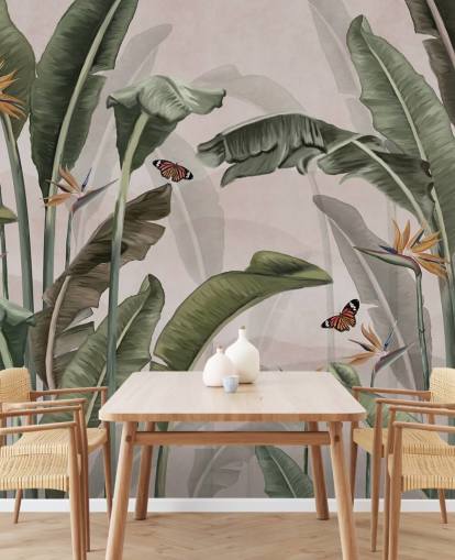 papier peint mural de la jungle rose appelé Palm Trees and Butterflies Pink at Wallsauce pour chambres et salons