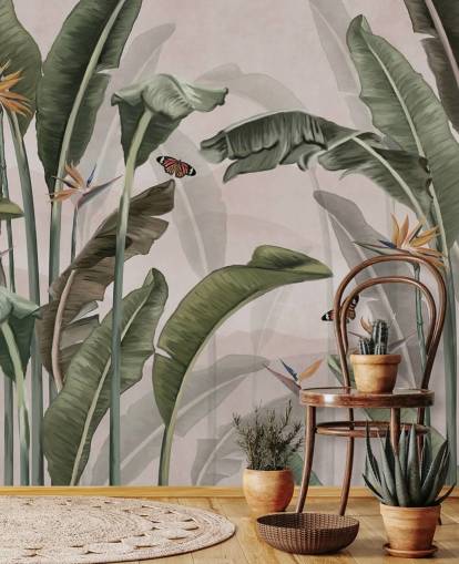 mural de papel de parede rosa da selva chamado Palm Trees and Butterflies Pink at Wallsauce para quartos e salas de estar