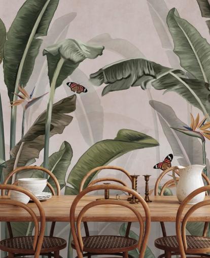carta da parati murale rosa con giungla chiamata Palme e farfalle Pink at Wallsauce per camere da letto e salotti