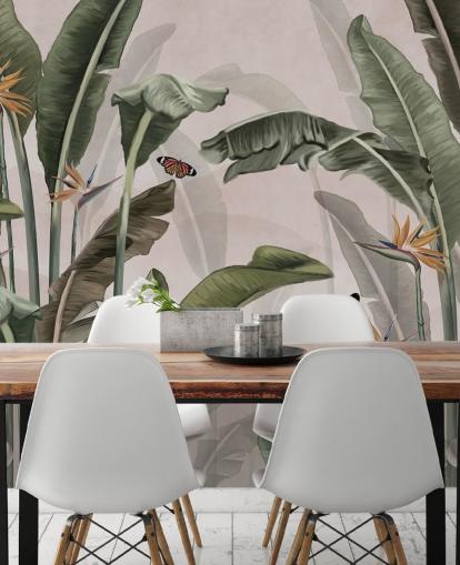 pink jungle tapetmaleri kaldet Palm Trees and Butterflies Pink på Wallsauce til soveværelser og stuer