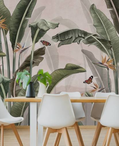 pink jungle tapetmaleri kaldet Palm Trees and Butterflies Pink på Wallsauce til soveværelser og stuer pink jungle tapetmaleri kaldet Palm Trees and Butterflies Pink på Wallsauce til soveværelser og stuer