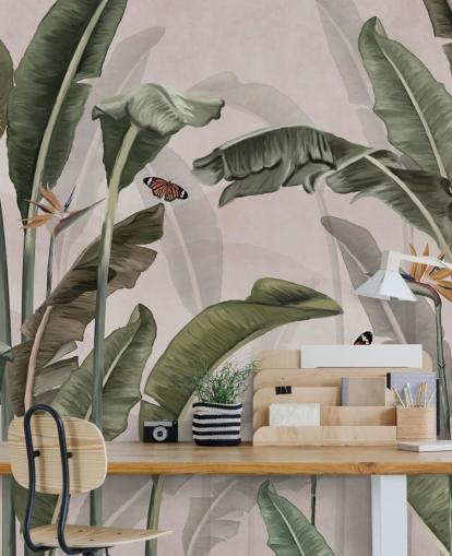 mural de papel de parede rosa da selva chamado Palm Trees and Butterflies Pink at Wallsauce para quartos e salas de estar