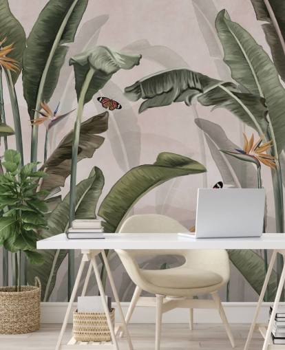 roze jungle behangmuurschildering genaamd Palm Trees and Butterflies Pink at Wallsauce voor slaapkamers en woonkamers roze jungle behangmuurschildering genaamd Palm Trees and Butterflies Pink at Wallsauce voor slaapkamers en woonkamers