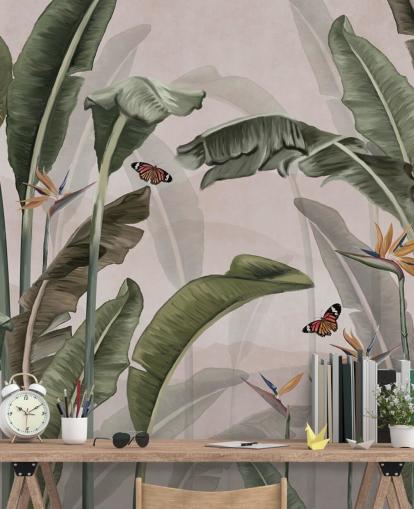 pink jungle wallpaper mural called Palm Trees and Butterflies Pink at Wallsauce for bedrooms and living rooms