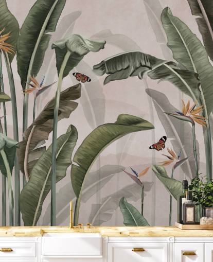 mural rosa de la jungla llamado Palm Trees and Butterflies Pink at Wallsauce para dormitorios y salas de estar