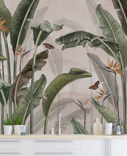 mural rosa de la jungla llamado Palm Trees and Butterflies Pink at Wallsauce para dormitorios y salas de estar mural rosa de la jungla llamado Palm Trees and Butterflies Pink at Wallsauce para dormitorios y salas de estar