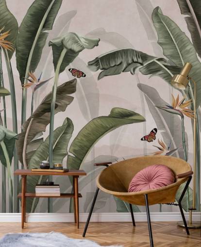 pink jungle wallpaper mural called Palm Trees and Butterflies Pink at Wallsauce for bedrooms and living rooms