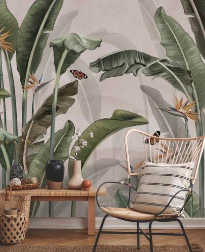 pink jungle wallpaper mural called Palm Trees and Butterflies Pink at Wallsauce for bedrooms and living rooms