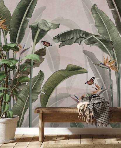 mural rosa de la jungla llamado Palm Trees and Butterflies Pink at Wallsauce para dormitorios y salas de estar