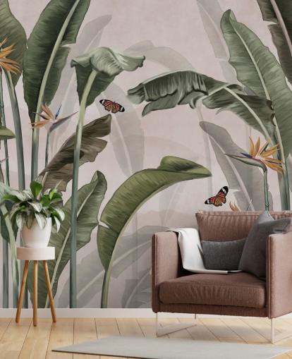 pink jungle wallpaper mural called Palm Trees and Butterflies Pink at Wallsauce for bedrooms and living rooms