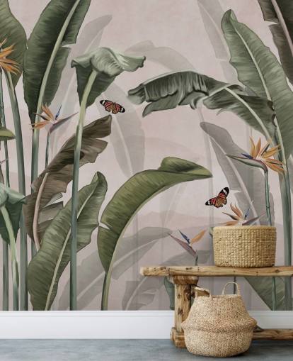 pink jungle tapetmaleri kaldet Palm Trees and Butterflies Pink på Wallsauce til soveværelser og stuer