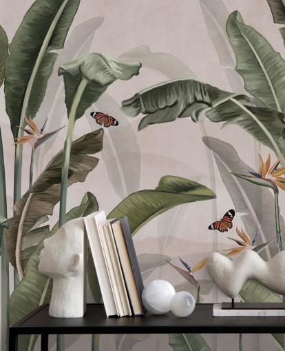mural rosa de la jungla llamado Palm Trees and Butterflies Pink at Wallsauce para dormitorios y salas de estar