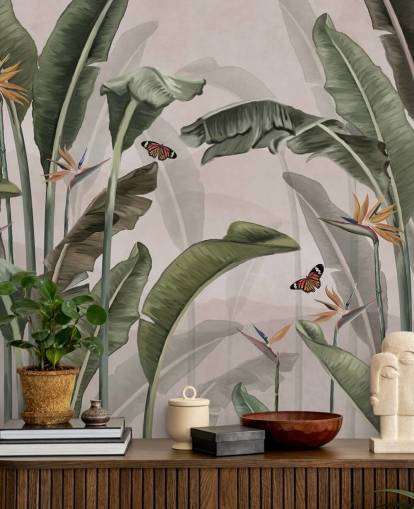 pink jungle tapetmaleri kaldet Palm Trees and Butterflies Pink på Wallsauce til soveværelser og stuer