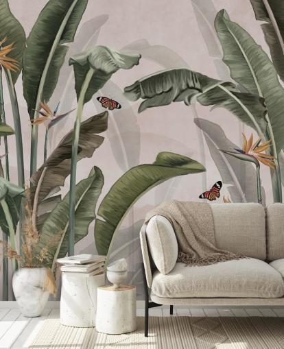 pink jungle tapetmaleri kaldet Palm Trees and Butterflies Pink på Wallsauce til soveværelser og stuer