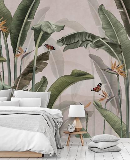 pink jungle wallpaper mural called Palm Trees and Butterflies Pink at Wallsauce for bedrooms and living rooms pink jungle wallpaper mural called Palm Trees and Butterflies Pink at Wallsauce for bedrooms and living rooms
