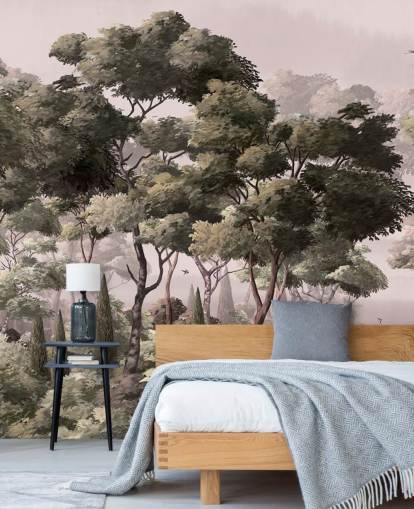 rosafarbenes und grünes Waldtapeten-Wandbild namens Vintage Forest Landscape Pink in Wallsauce für Schlafzimmer und Wohnzimmer rosafarbenes und grünes Waldtapeten-Wandbild namens Vintage Forest Landscape Pink in Wallsauce für Schlafzimmer und Wohnzimmer