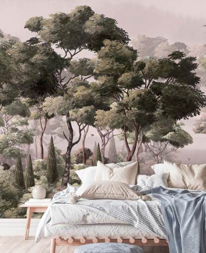 roze en groene bosbehangmuurschildering genaamd Vintage Forest Landscape Pink at Wallsauce voor slaapkamers en woonkamers