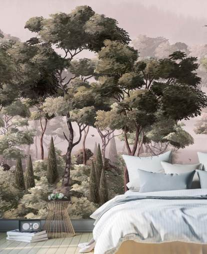 mural de papel de parede florestal rosa e verde chamado Vintage Forest Landscape Pink at Wallsauce para quartos e salas de estar