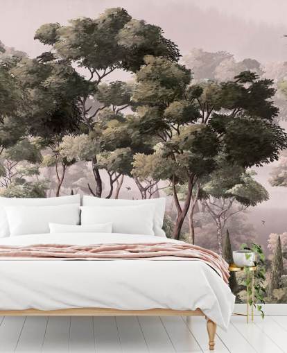 vaaleanpunainen ja vihreä metsätaustakuvamaalaus nimeltä Vintage Forest Landscape Pink Wallsaucessa makuuhuoneisiin ja olohuoneisiin