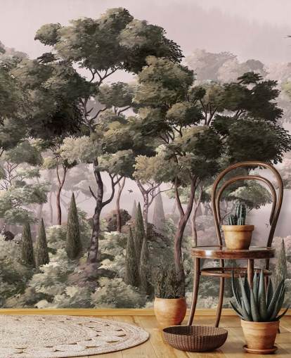 roze en groene bosbehangmuurschildering genaamd Vintage Forest Landscape Pink at Wallsauce voor slaapkamers en woonkamers