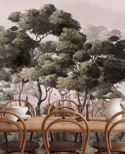 lyserødt og grønt skovtapet vægmaleri kaldet Vintage Forest Landscape Pink på Wallsauce til soveværelser og stuer