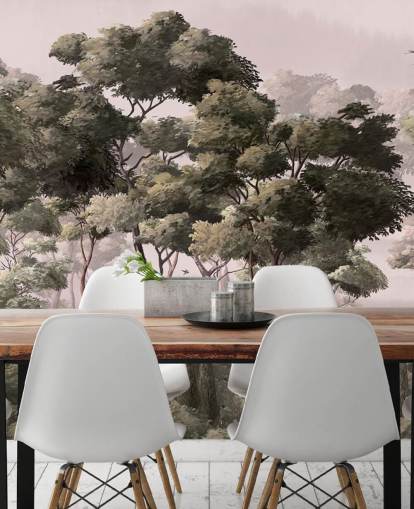 carta da parati murale rosa e verde con foresta chiamata Vintage Forest Landscape Pink at Wallsauce per camere da letto e salotti