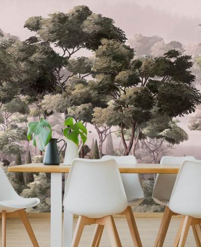 vaaleanpunainen ja vihreä metsätaustakuvamaalaus nimeltä Vintage Forest Landscape Pink Wallsaucessa makuuhuoneisiin ja olohuoneisiin