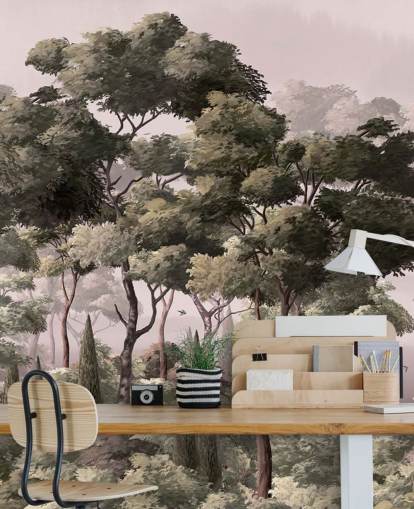 lyserødt og grønt skovtapet vægmaleri kaldet Vintage Forest Landscape Pink på Wallsauce til soveværelser og stuer