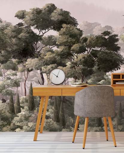 vaaleanpunainen ja vihreä metsätaustakuvamaalaus nimeltä Vintage Forest Landscape Pink Wallsaucessa makuuhuoneisiin ja olohuoneisiin