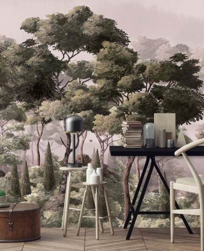 vaaleanpunainen ja vihreä metsätaustakuvamaalaus nimeltä Vintage Forest Landscape Pink Wallsaucessa makuuhuoneisiin ja olohuoneisiin