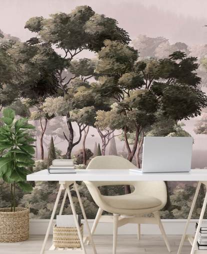 vaaleanpunainen ja vihreä metsätaustakuvamaalaus nimeltä Vintage Forest Landscape Pink Wallsaucessa makuuhuoneisiin ja olohuoneisiin