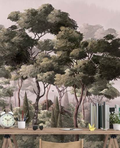 carta da parati murale rosa e verde con foresta chiamata Vintage Forest Landscape Pink at Wallsauce per camere da letto e salotti