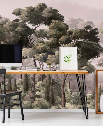 mural de papel de parede florestal rosa e verde chamado Vintage Forest Landscape Pink at Wallsauce para quartos e salas de estar mural de papel de parede florestal rosa e verde chamado Vintage Forest Landscape Pink at Wallsauce para quartos e salas de estar