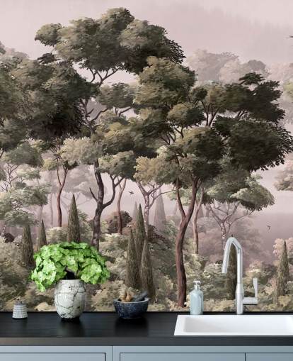 pink and green forest wallpaper mural called Vintage Forest Landscape Pink at Wallsauce for bedrooms and living rooms pink and green forest wallpaper mural called Vintage Forest Landscape Pink at Wallsauce for bedrooms and living rooms